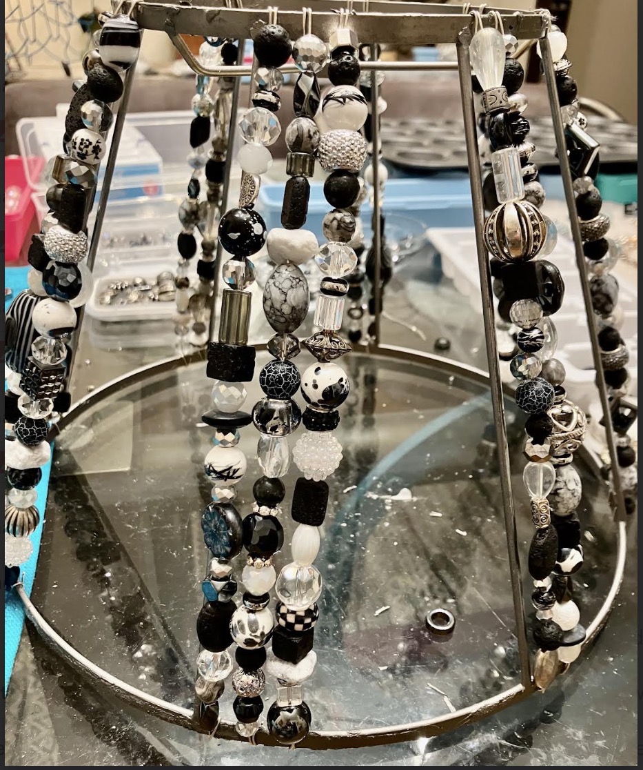 Black white and silver beaded shade in progress