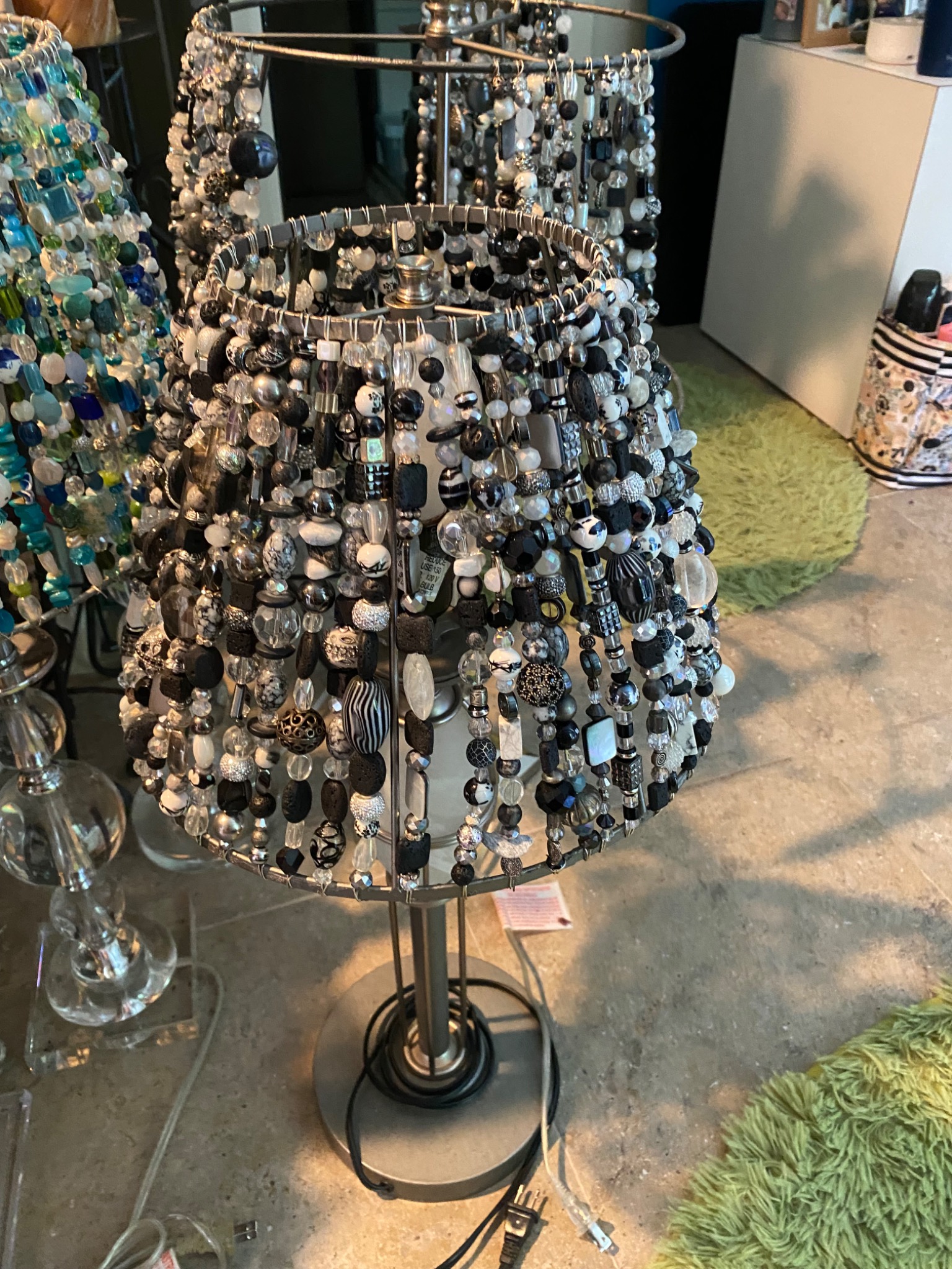 Black white and silver shade fully beaded before the final lamp reveal