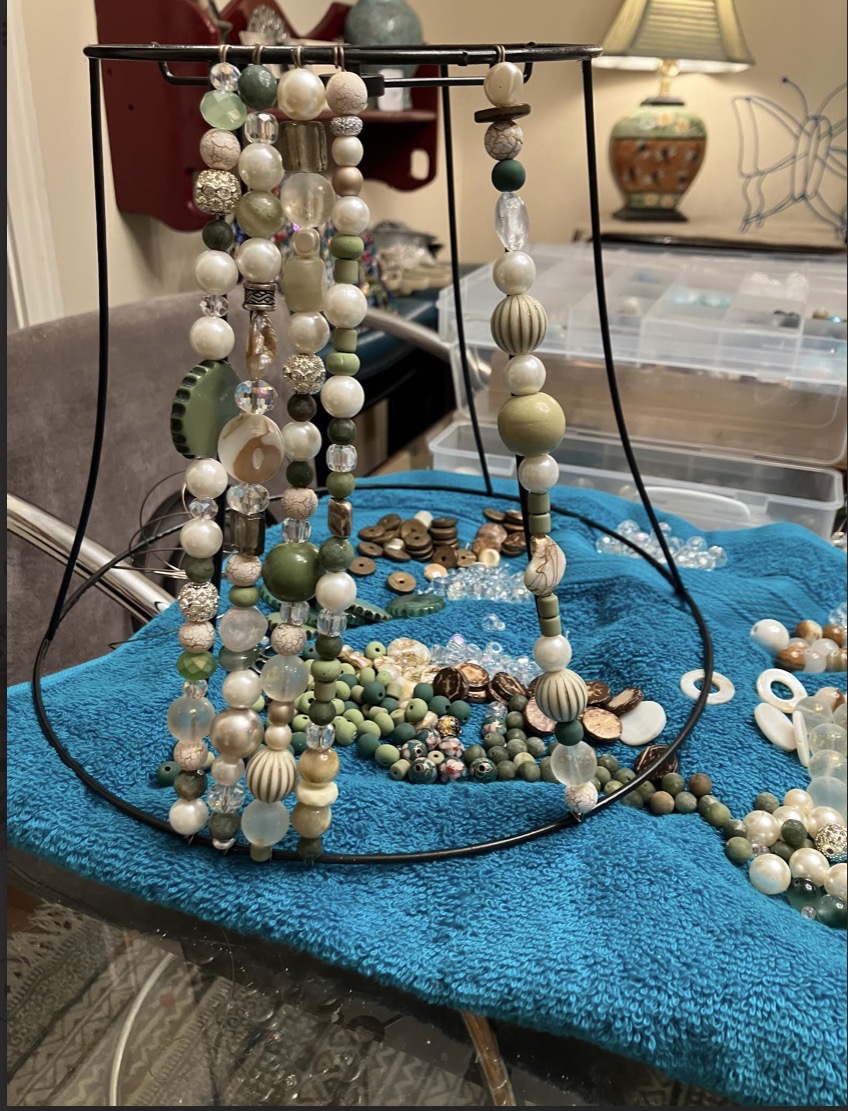 Green ivory beaded shade at the beginning of the process